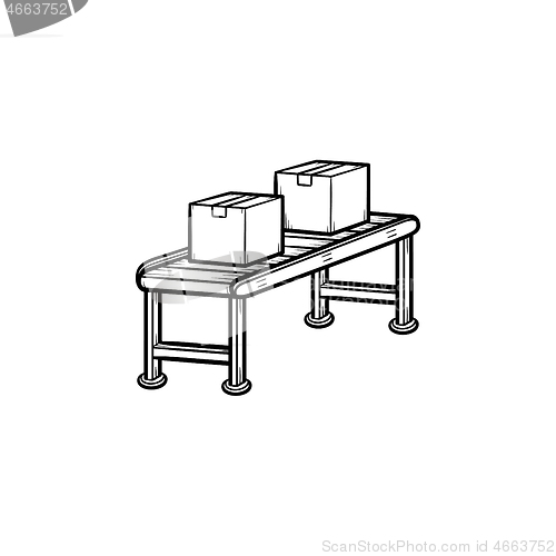 Image of Conveyor belt with parcels hand drawn outline doodle icon.