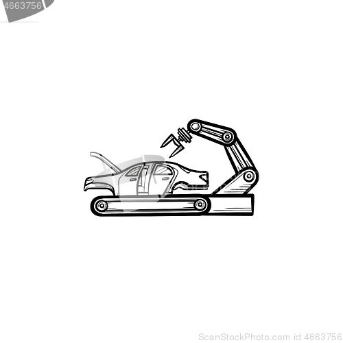 Image of Car factory with robotic arm hand drawn outline doodle icon.