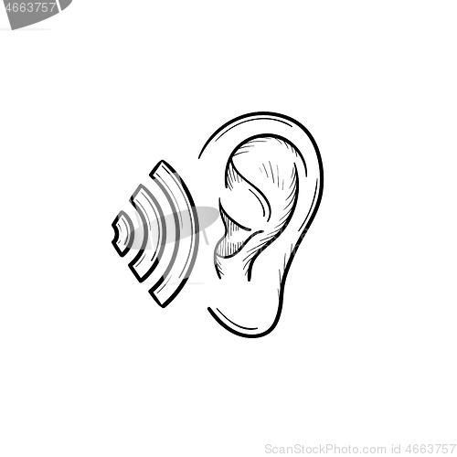 Image of Human ear with sound waves hand drawn outline doodle icon.