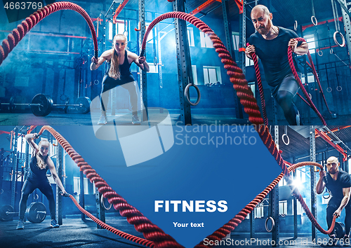 Image of Collage about exercises in the fitness gym.