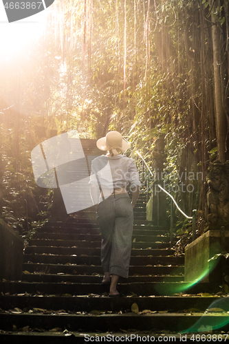 Image of Rear view of beautiful fashionable stylish female traveler wearing a hat, walking the staircase of traditional hidu tample around Ubud on Bali. Concept of luxury vacation, exploring and discovering t