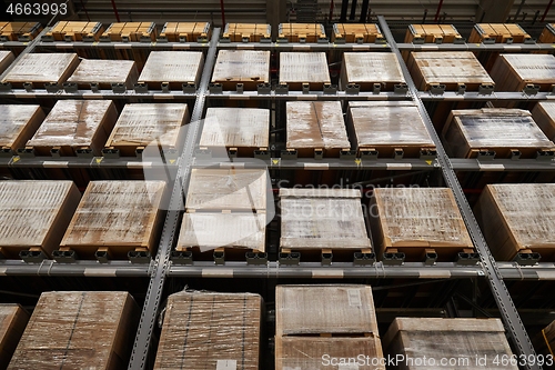 Image of Warehouse with stocked shelves of boxes