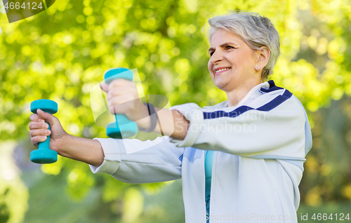 Image of senior woman with dumbbells exercising at park