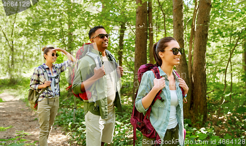 Image of group of friends with backpacks hiking in forest