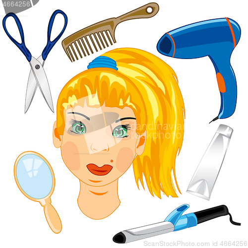 Image of Person of the girl and tools care for hair