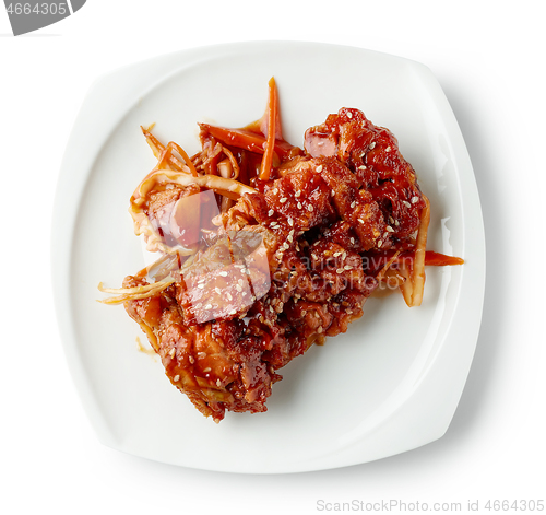 Image of plate of fried meat in teriyaki sauce