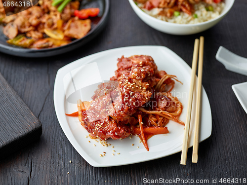 Image of plate of fried meat in teriyaki sauce