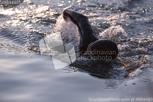 Image of triathlon athlete swimming on lake in sunrise wearing wetsuit