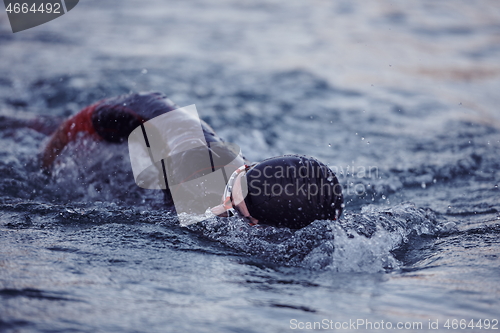 Image of triathlon athlete swimming on lake in sunrise wearing wetsuit