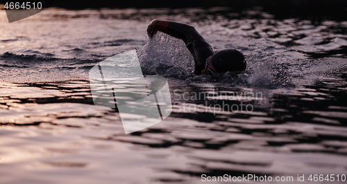 Image of triathlon athlete swimming on lake in sunrise wearing wetsuit