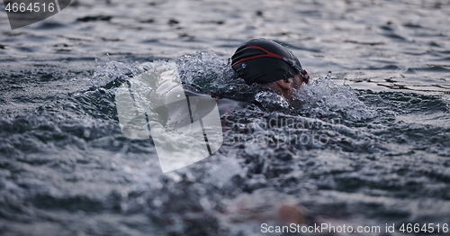 Image of triathlon athlete swimming on lake in sunrise wearing wetsuit