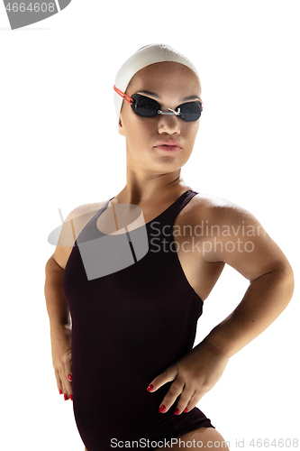 Image of Beautiful dwarf woman practicing in swimming isolated on white background