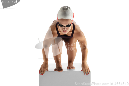 Image of Beautiful dwarf woman practicing in swimming isolated on white background
