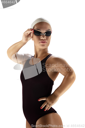 Image of Beautiful dwarf woman practicing in swimming isolated on white background