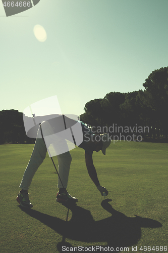 Image of golf player placing ball on tee