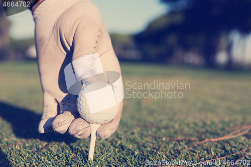 Image of close up of golf players hand placing ball on tee