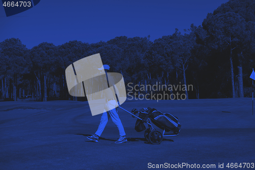 Image of golf player walking with wheel bag