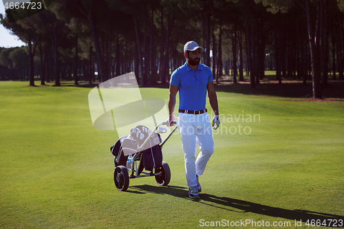 Image of golf player walking with wheel bag