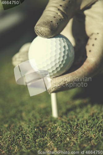 Image of golf player placing ball on tee