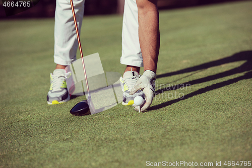 Image of golf player placing ball on tee