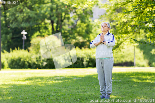 Image of happy senior woman doing yoga at summer park