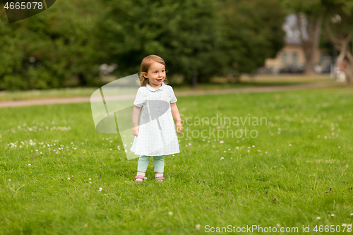 Image of happy baby girl at summer park