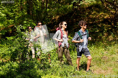 Image of group of friends with backpacks hiking in forest