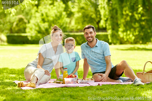 Image of portrait of family having picnic at summer park