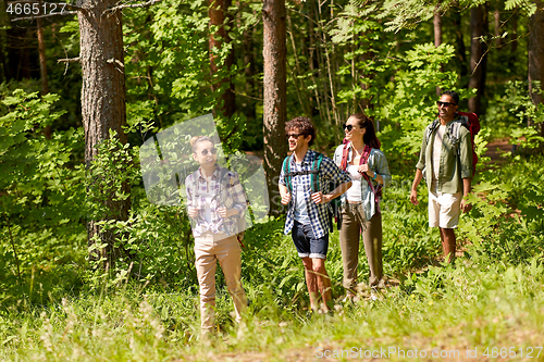 Image of group of friends with backpacks hiking in forest