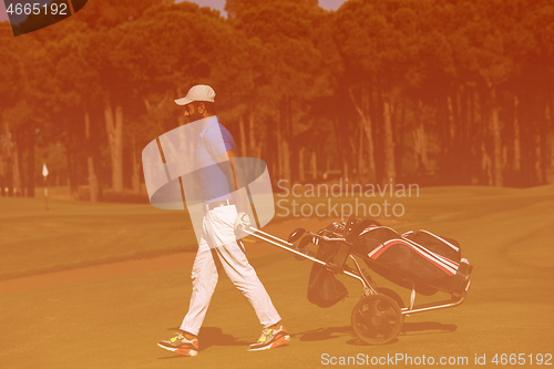 Image of golf player walking with wheel bag