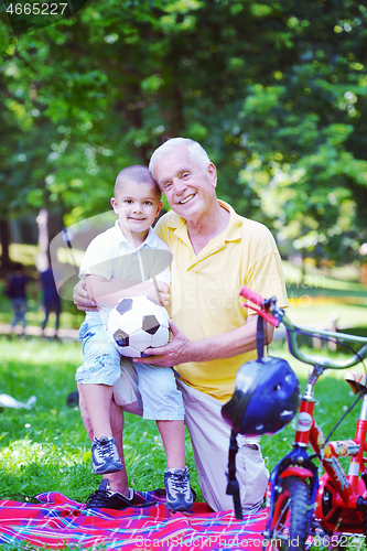 Image of happy grandfather and child in park