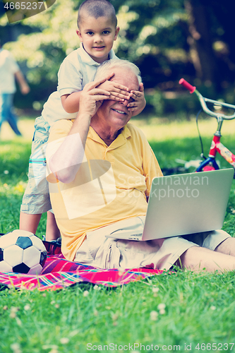 Image of grandfather and child using laptop