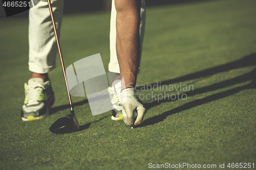 Image of golf player placing ball on tee