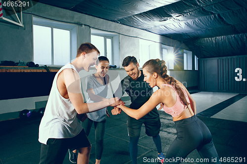 Image of Image of group of sporty muscular people are having rest after working out in gym.