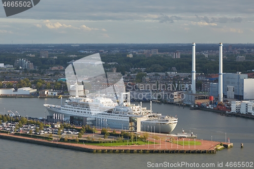 Image of Rotterdam quay, SS Rotterdam in dusk