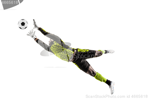 Image of One soccer player goalkeeper man catching ball