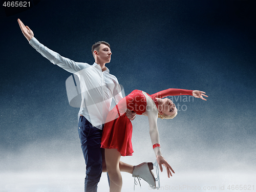 Image of Professional man and woman figure skaters performing on ice show