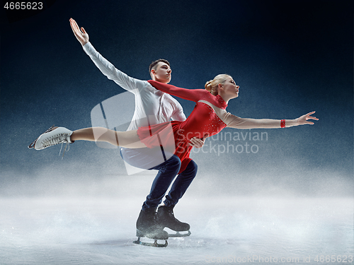 Image of Professional man and woman figure skaters performing on ice show