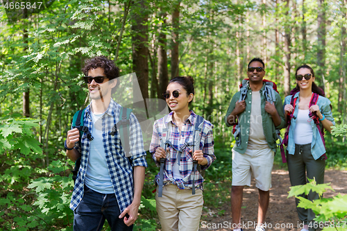 Image of group of friends with backpacks hiking in forest