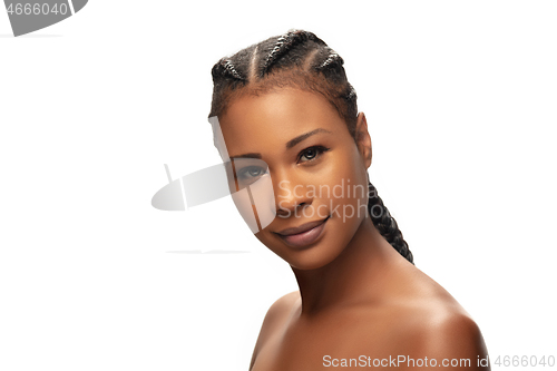 Image of Portrait of beautiful african-american woman isolated on white studio background. Beauty, fashion, skincare, cosmetics concept.