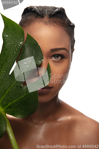 Image of Portrait of beautiful african-american woman isolated on white studio background. Beauty, fashion, skincare, cosmetics concept.