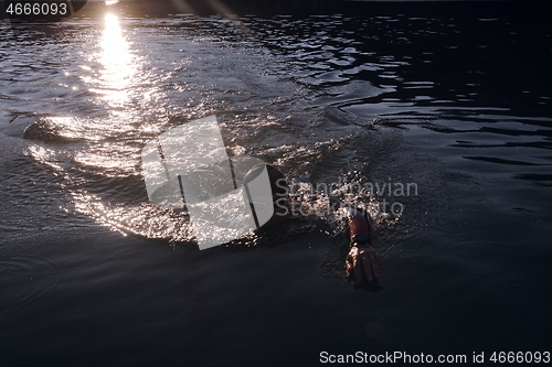 Image of triathlon athlete swimming on lake in sunrise wearing wetsuit