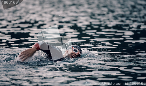 Image of triathlon athlete swimming on lake in sunrise wearing wetsuit