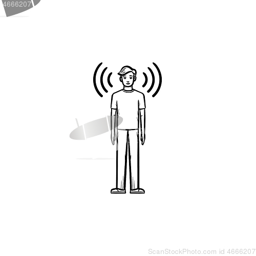 Image of A man with soundwaves around hand drawn outline doodle icon.