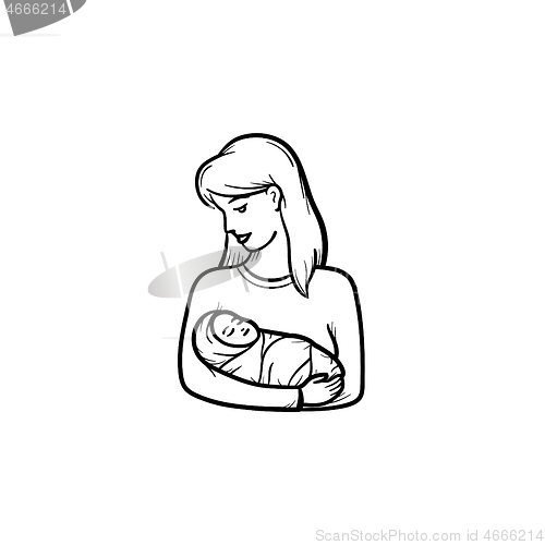 Image of A woman with wraped baby hand drawn outline doodle icon.