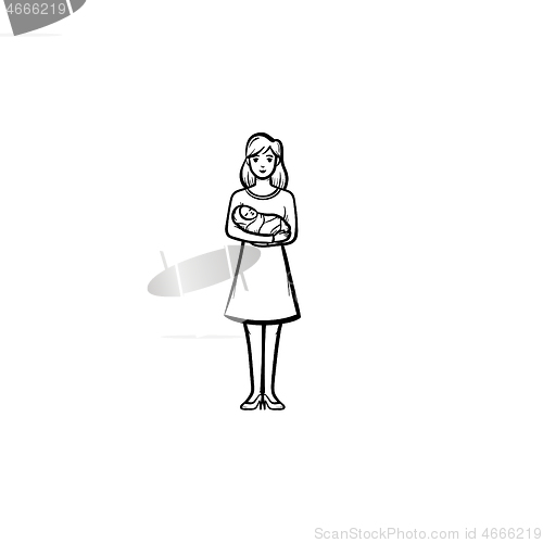 Image of A mother holding a baby hand drawn outline doodle icon.