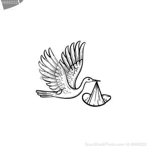 Image of A stork carrying a wraped baby hand drawn outline doodle icon.