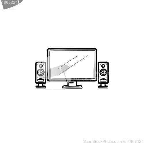 Image of TV home theater hand drawn outline doodle icon.