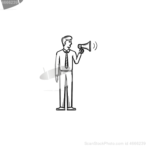 Image of Businessman with megaphone hand drawn outline doodle icon.