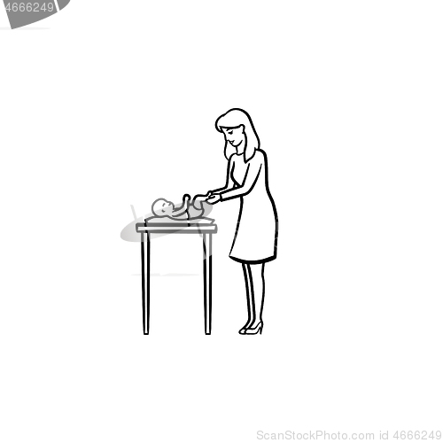 Image of A mother changing baby\'s diaper on a table hand drawn outline do